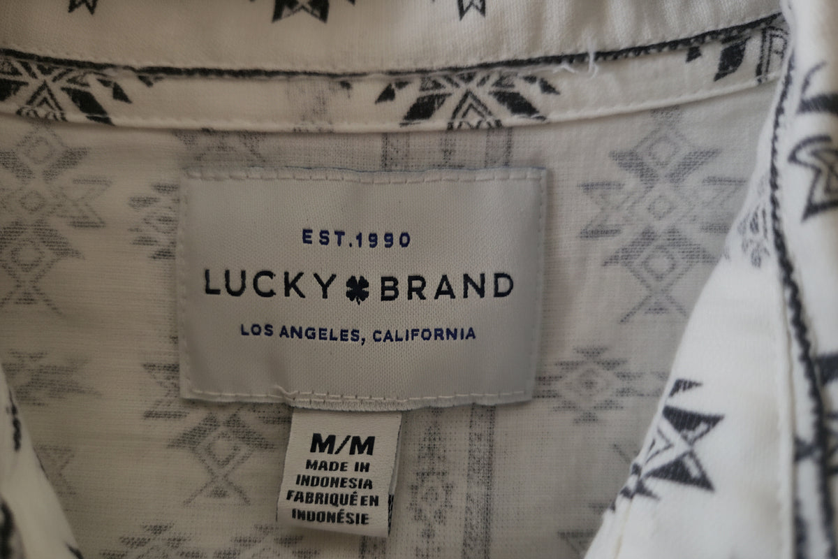 Lucky Brand Men’s Medium Southwestern Aztec Print Button-Up Shirt – White & Black