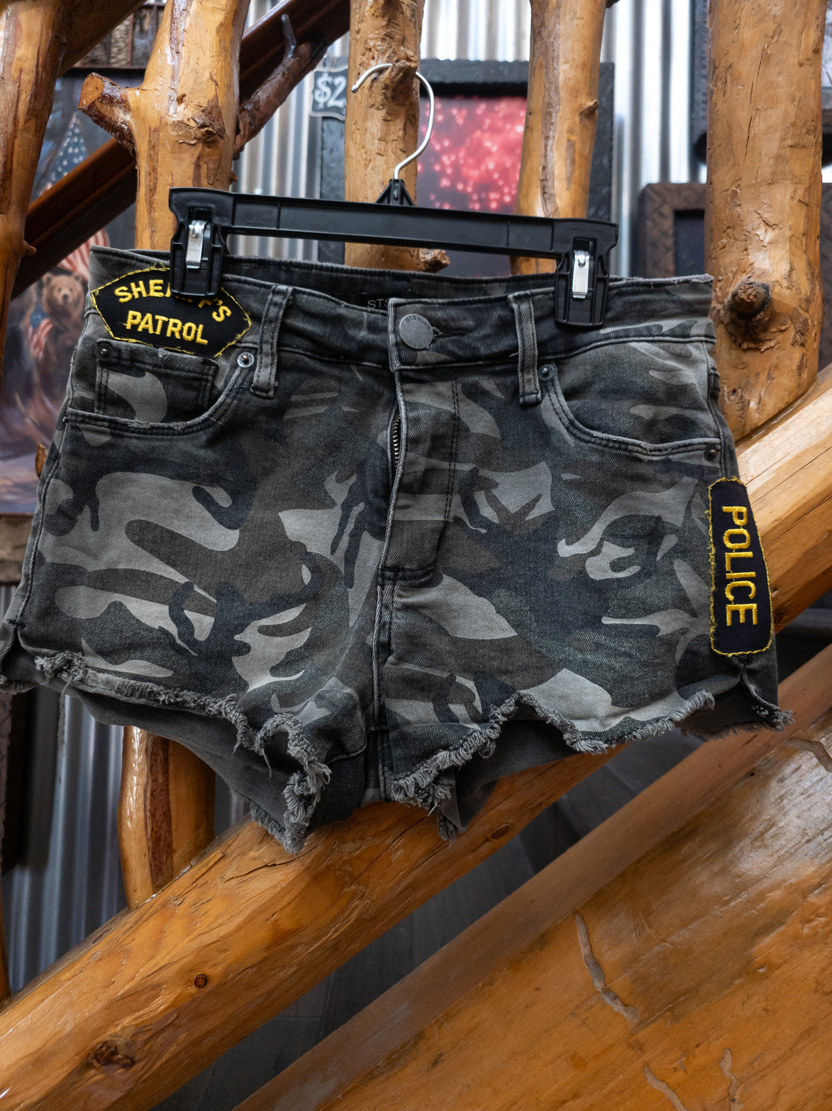 Custom STS Blue Camo Sheriff’s Patrol & Police Patch Distressed Denim Shorts – Size 25