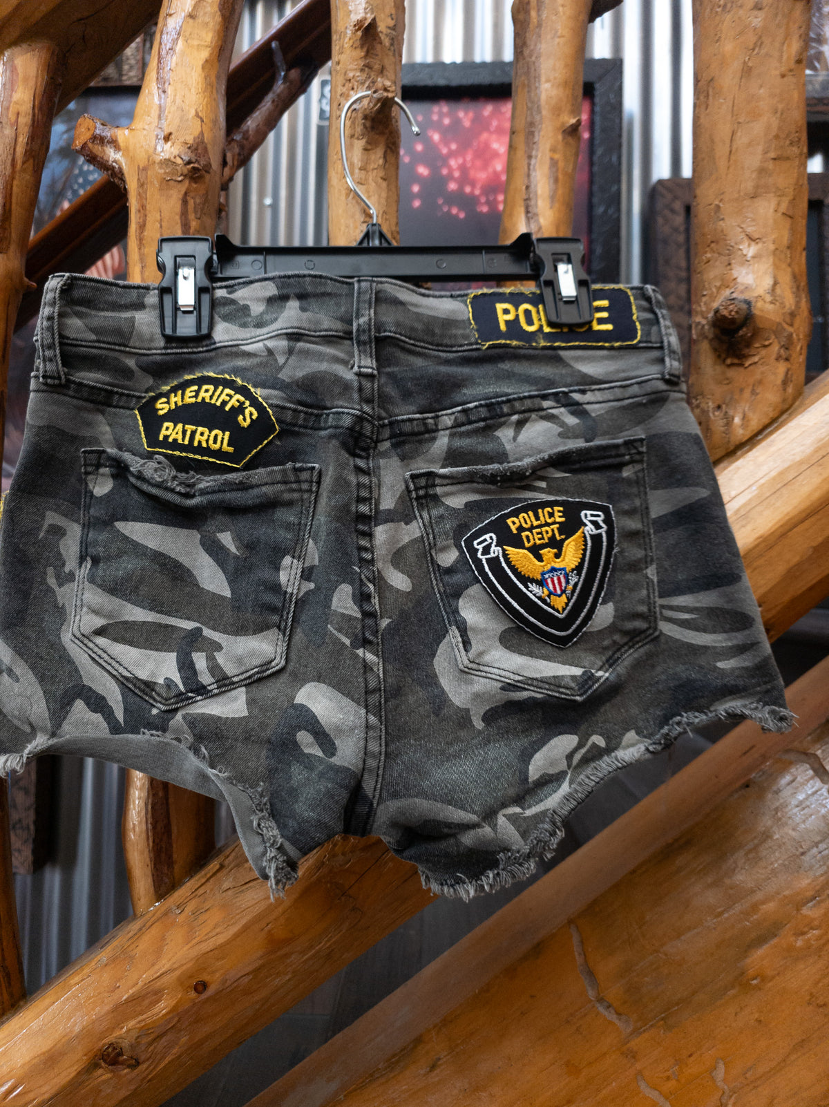 Custom STS Blue Camo Sheriff’s Patrol & Police Patch Distressed Denim Shorts – Size 25
