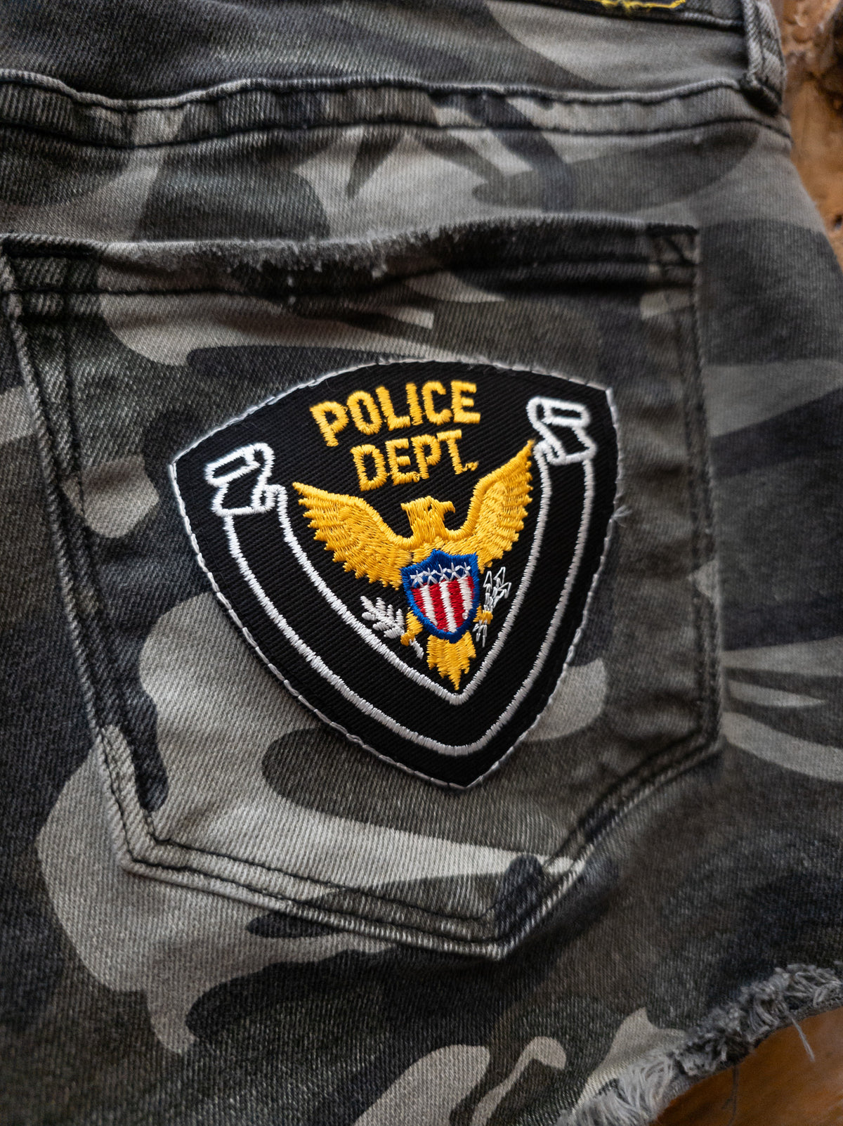 Custom STS Blue Camo Sheriff’s Patrol & Police Patch Distressed Denim Shorts – Size 25