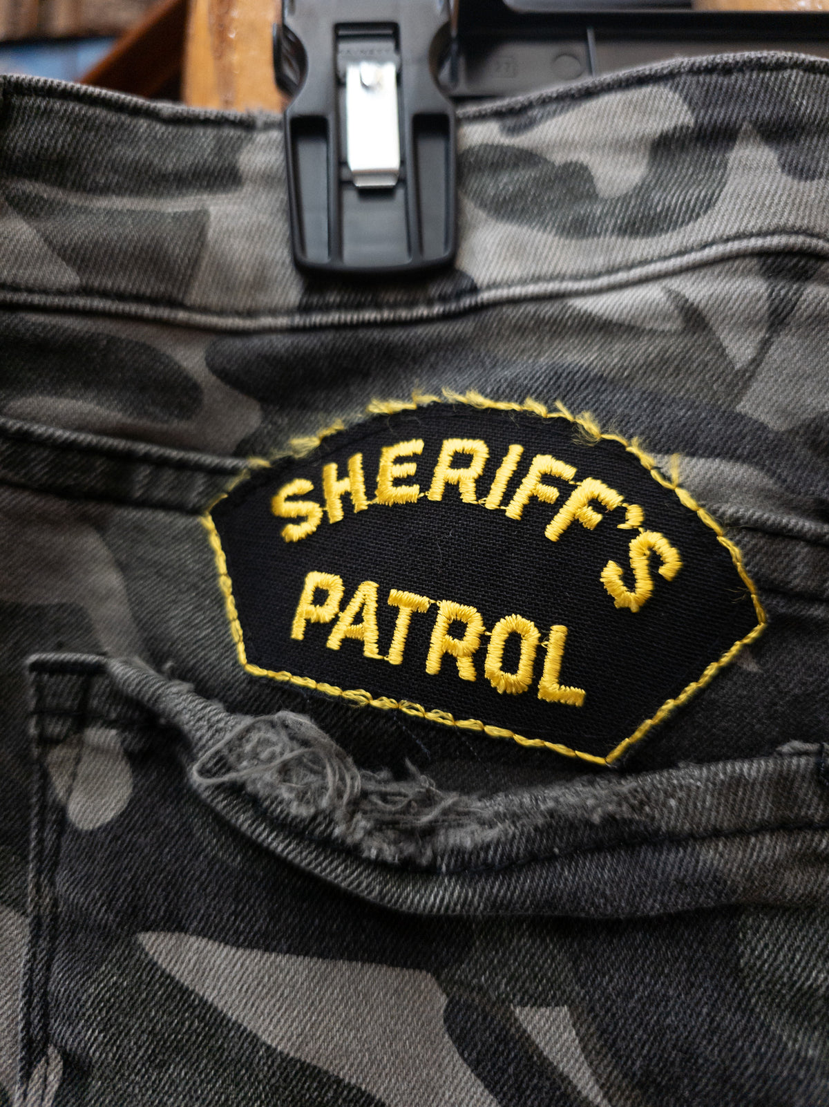 Custom STS Blue Camo Sheriff’s Patrol & Police Patch Distressed Denim Shorts – Size 25