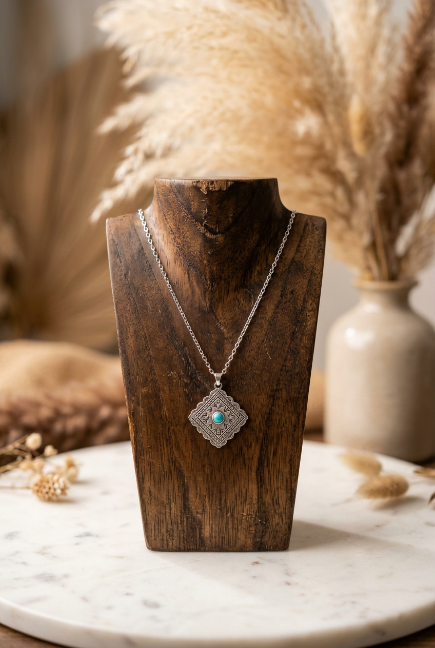 Faux Turquoise Geometric Southwestern Pendant Necklace