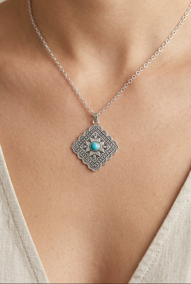 Faux Turquoise Geometric Southwestern Pendant Necklace
