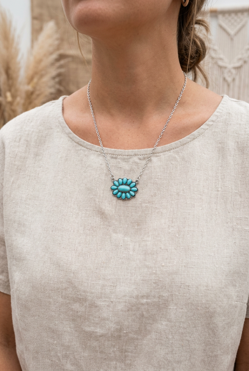 Southwestern Faux Turquoise Floral Statement Necklace