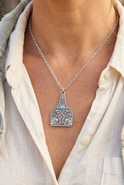 Southwestern Ornate Faux Turquoise Pendant Necklace