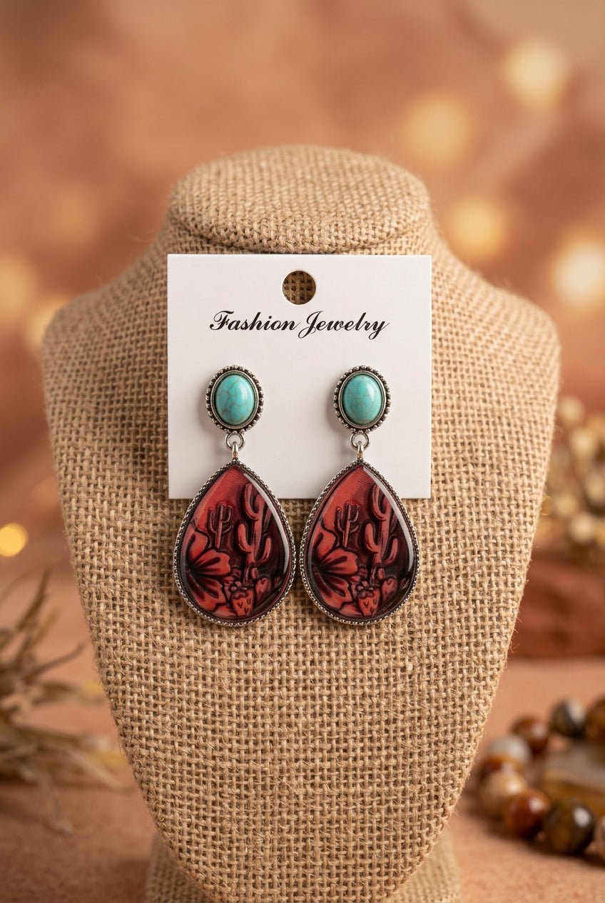 Southwestern Cactus Print Teardrop Dangle Earrings