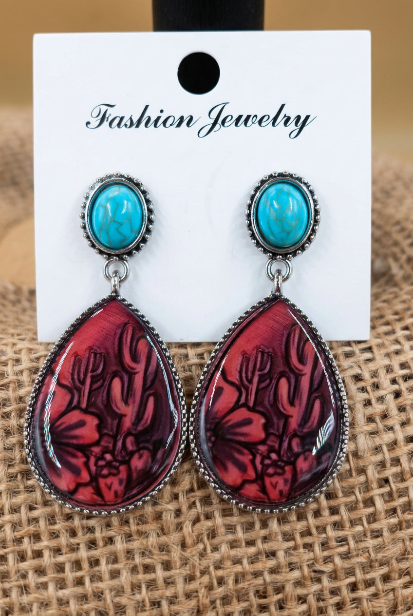 Southwestern Cactus Print Teardrop Dangle Earrings