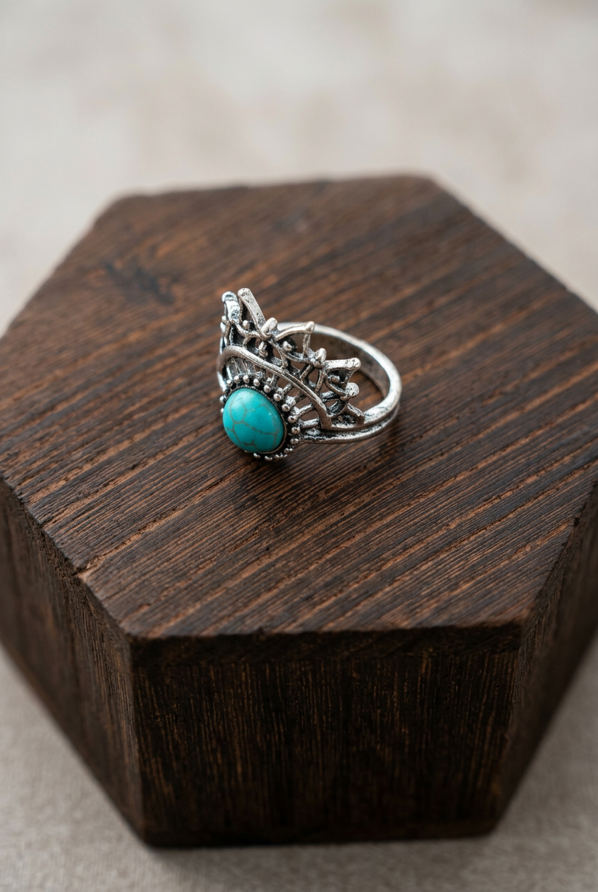 Western Turquoise-Style Crown Statement Ring – Size 7.5