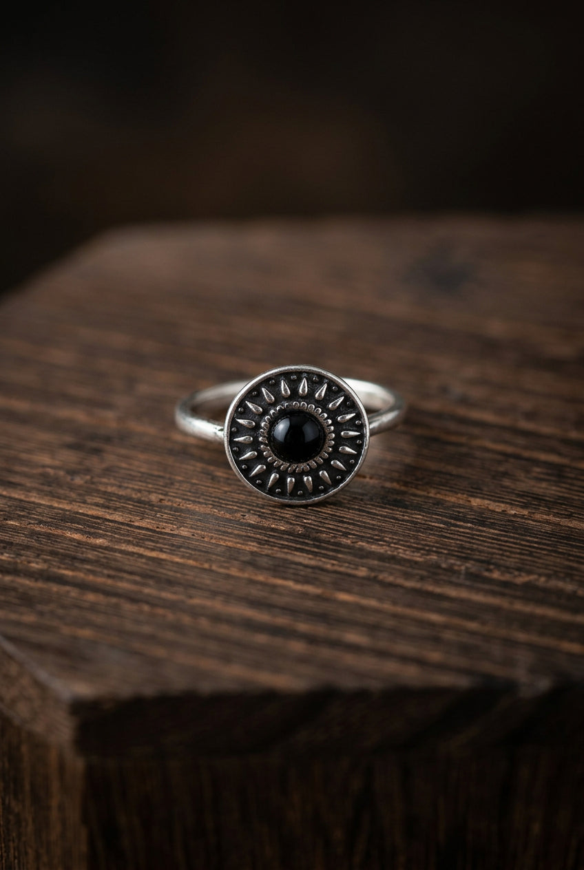 Black Sunburst Statement Ring – Silver-Tone Fashion Jewelry, Size 6