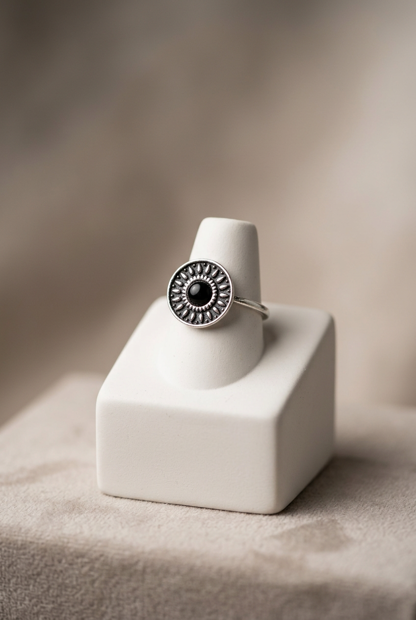 Black Sunburst Statement Ring – Silver-Tone Fashion Jewelry, Size 6