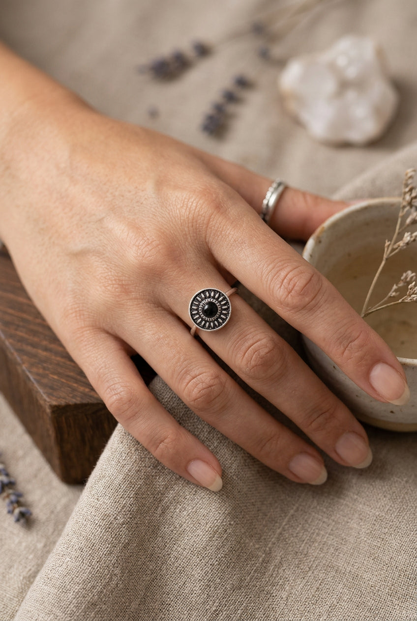 Black Sunburst Statement Ring – Silver-Tone Fashion Jewelry, Size 6
