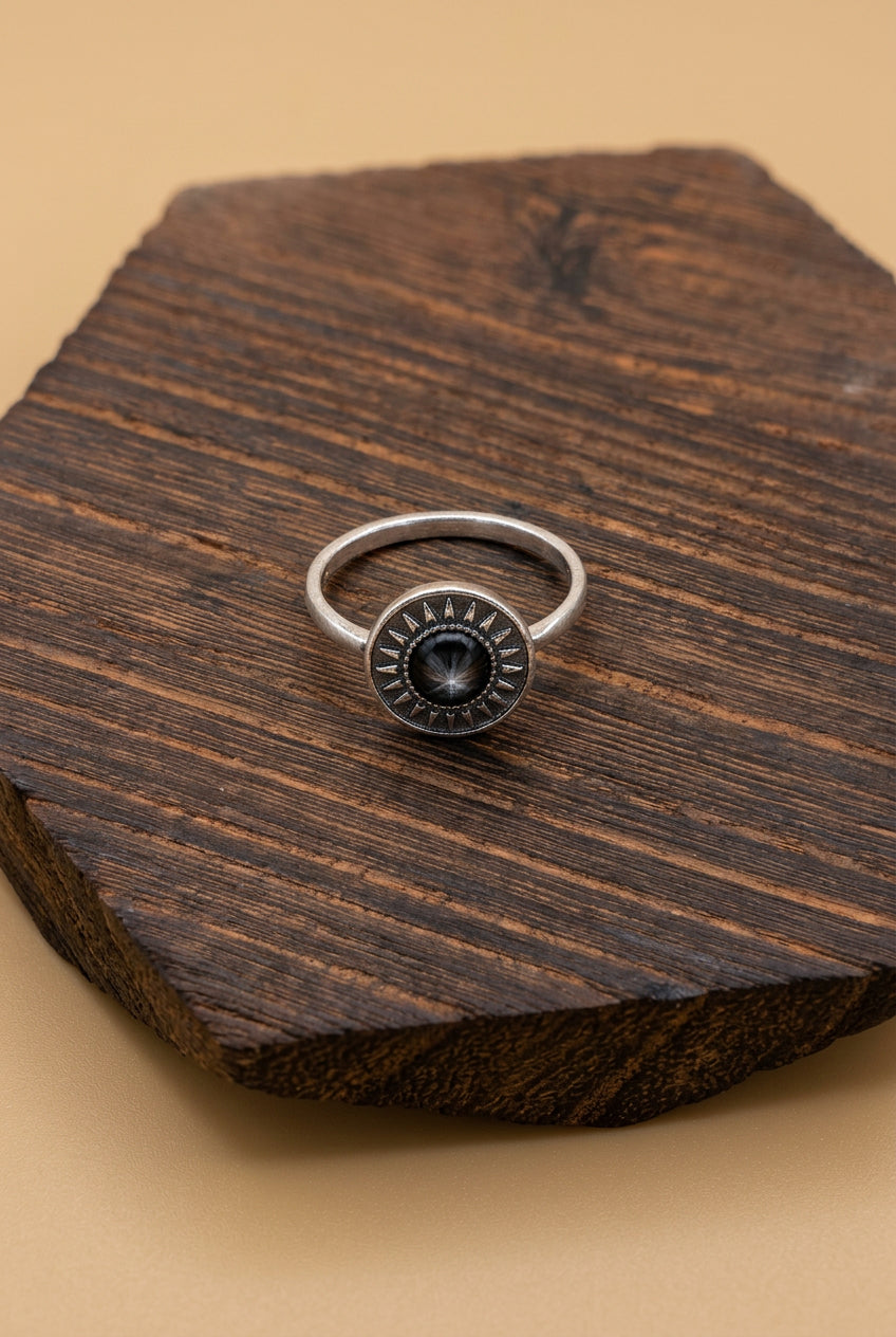 Black Sunburst Statement Ring – Silver-Tone Fashion Jewelry, Size 6