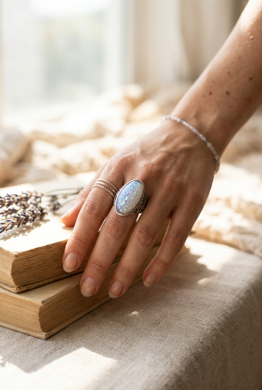 Iridescent Opal Statement Ring – Size 9