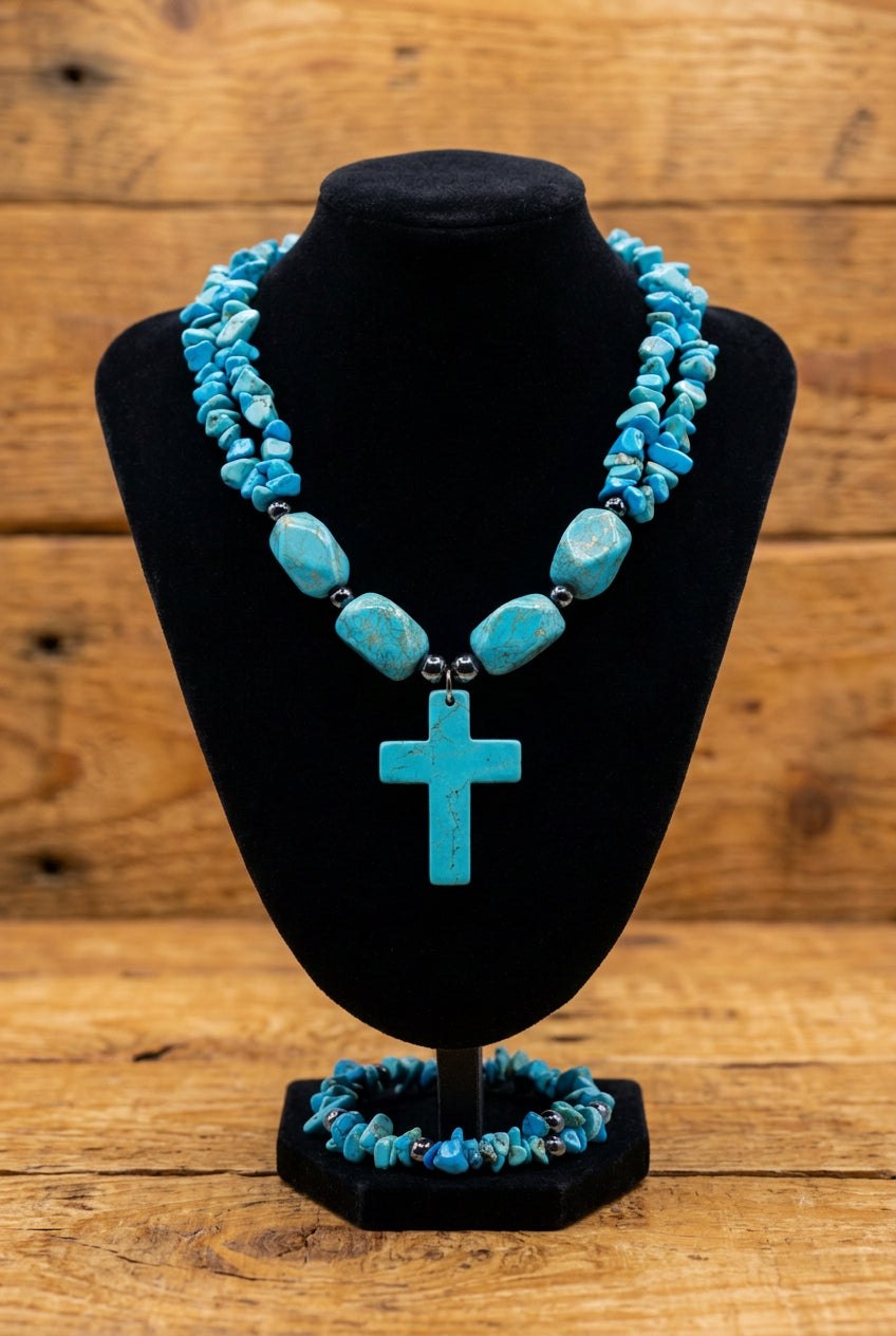 Turquoise Cross Necklace Bracelet Set