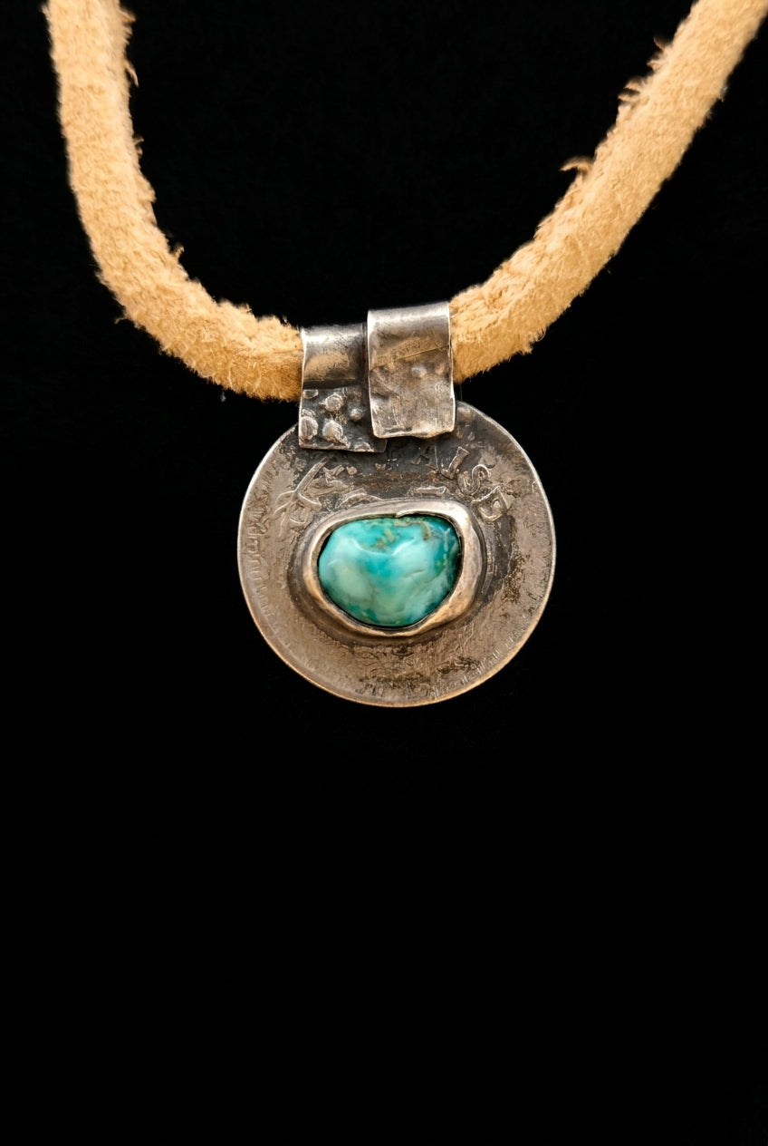 Indian Coin Pendant Necklace with Turquoise Accent on Tan Cord