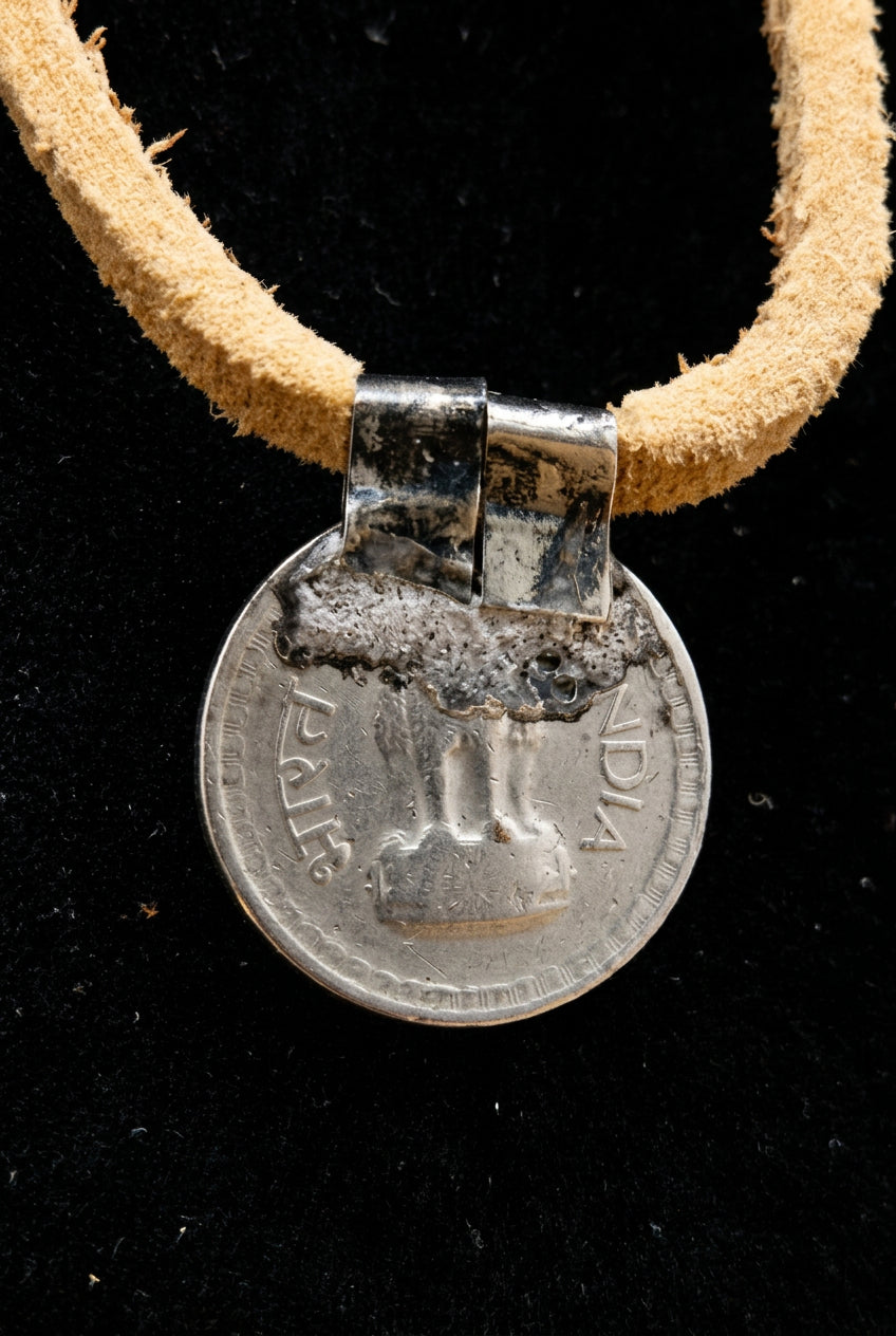 Indian Coin Pendant Necklace with Turquoise Accent on Tan Cord