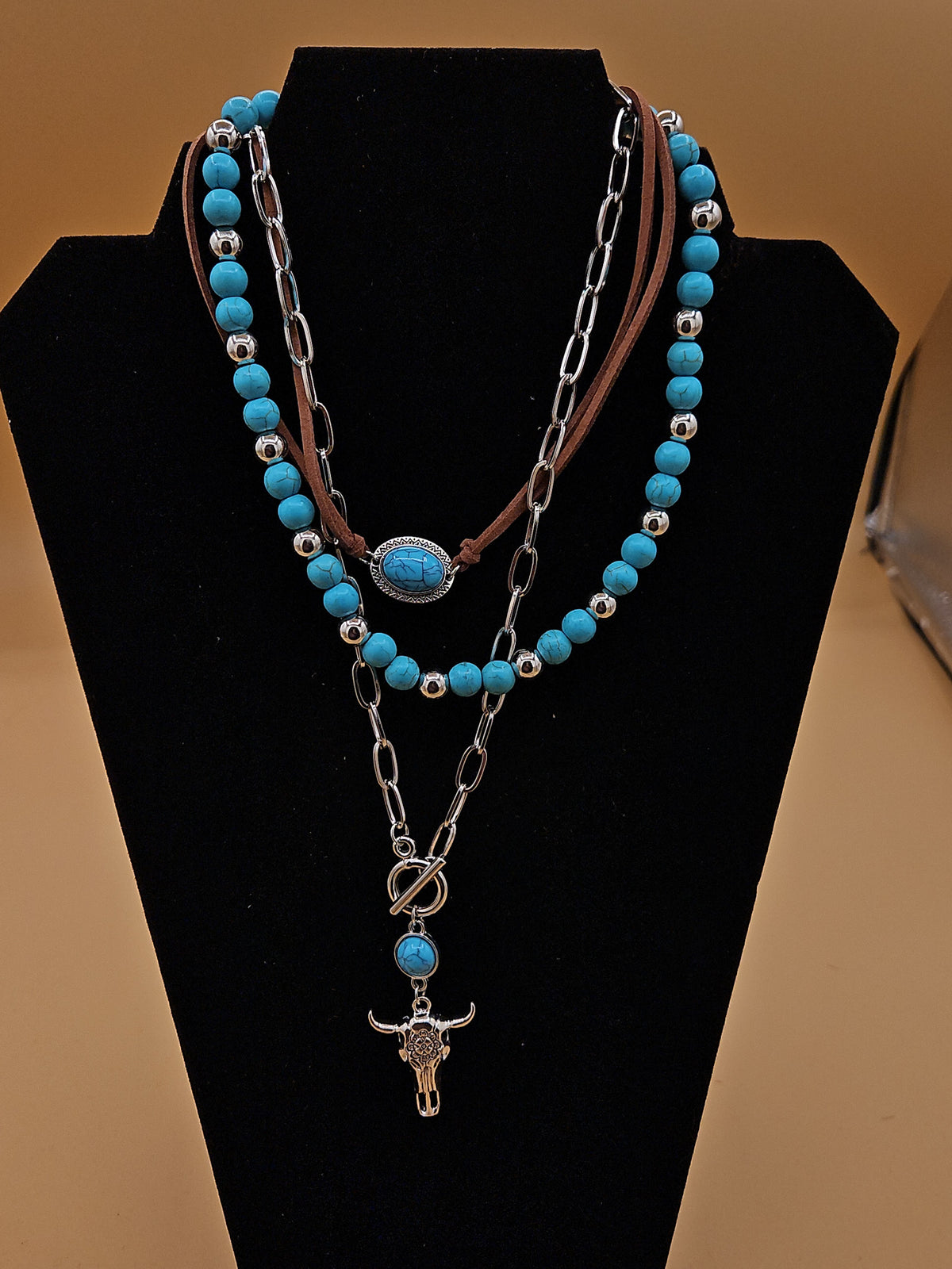 Southwestern Turquoise & Steer Skull 3-Layer Necklace Set