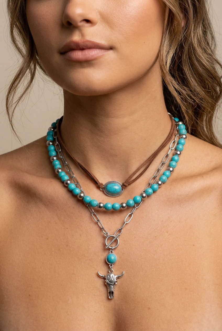 Southwestern Turquoise & Steer Skull 3-Layer Necklace Set