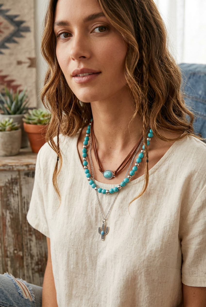 Southwestern Turquoise & Cactus Charm 3-Layer Necklace Set