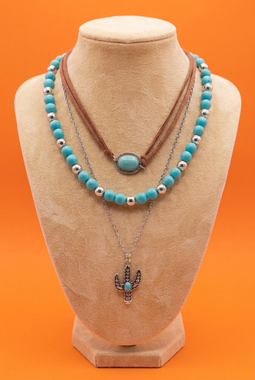 Southwestern Turquoise & Cactus Charm 3-Layer Necklace Set