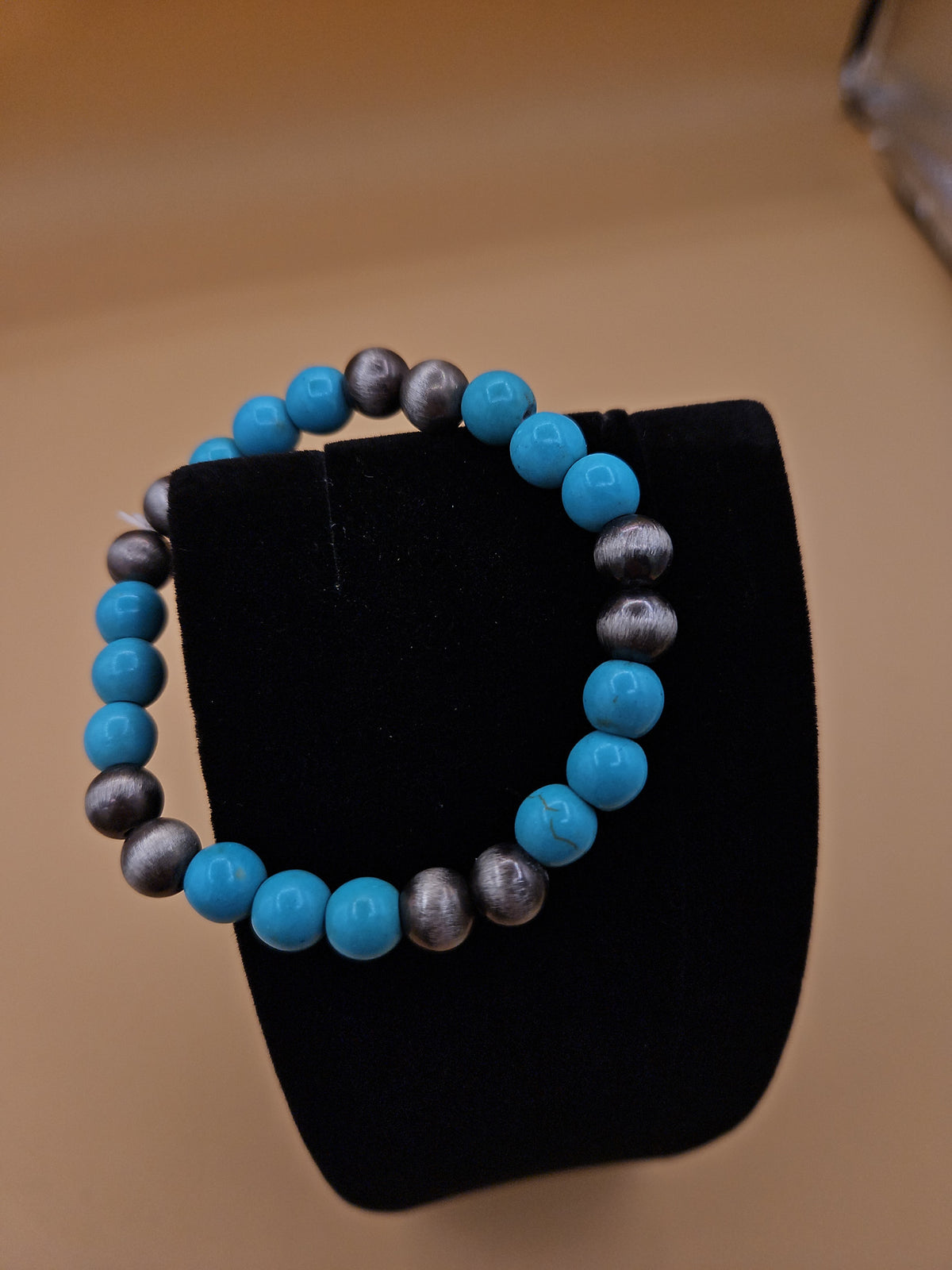Turquoise & Charcoal Beaded Stretch Bracelet
