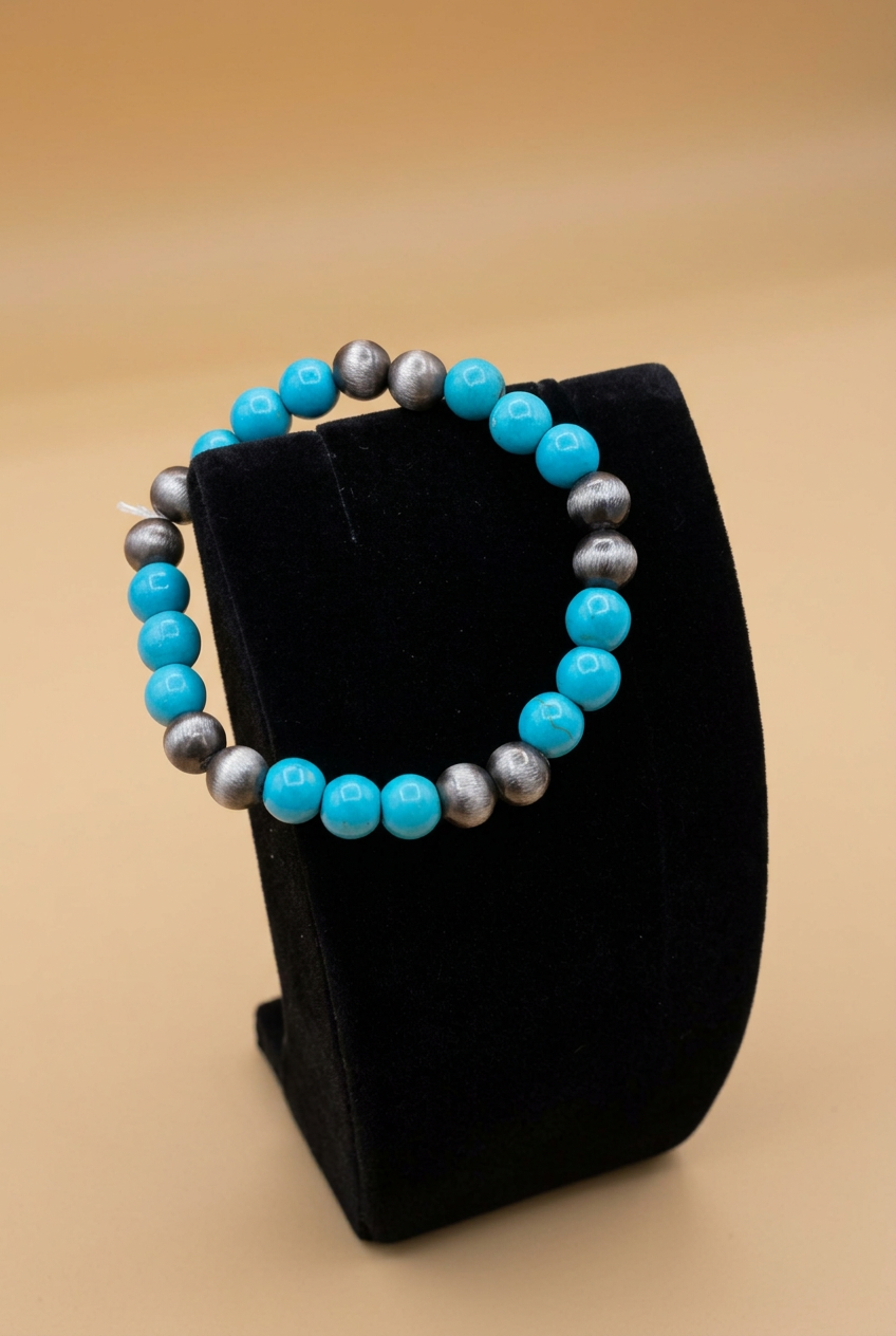 Turquoise & Charcoal Beaded Stretch Bracelet
