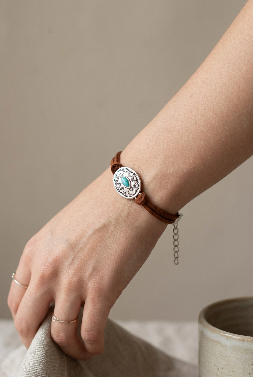 Western Boho Brown Suede Bracelet with Turquoise Accent