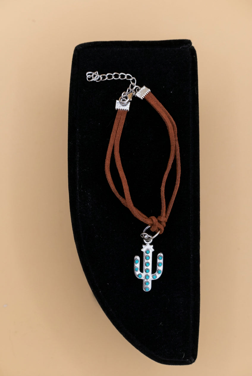 Western Brown Suede Cactus Charm Bracelet with Turquoise Accents