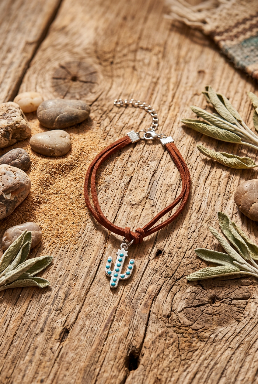Western Brown Suede Cactus Charm Bracelet with Turquoise Accents