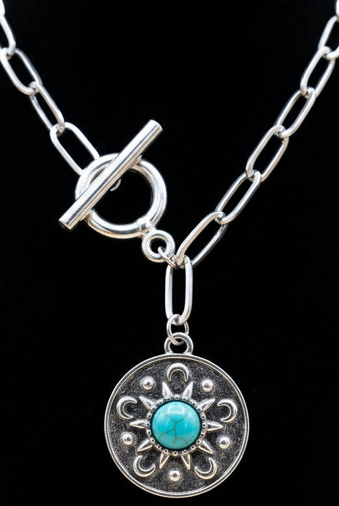 Silver-Tone Western Link Bracelet with Turquoise Medallion Charm