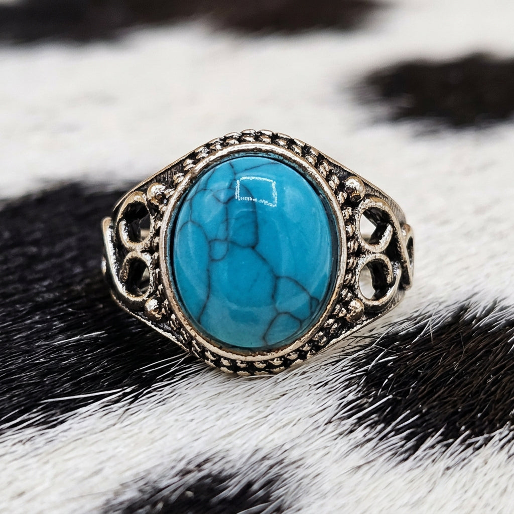Faux Turquoise Ring with Rope-Edge Detail and Silver-Tone Band Size 8
