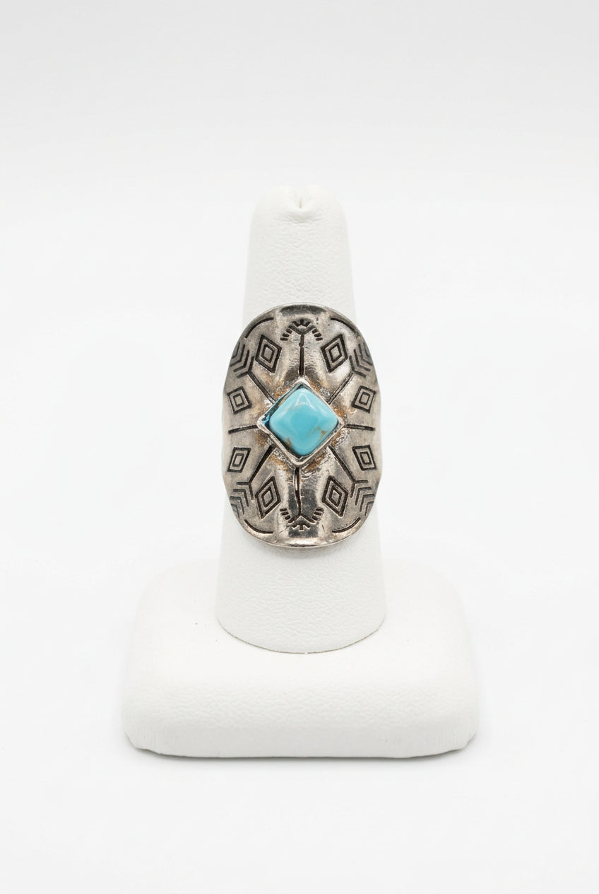 Boho Faux Turquoise Triangle Stone Ring with Arrow Accents Size 5