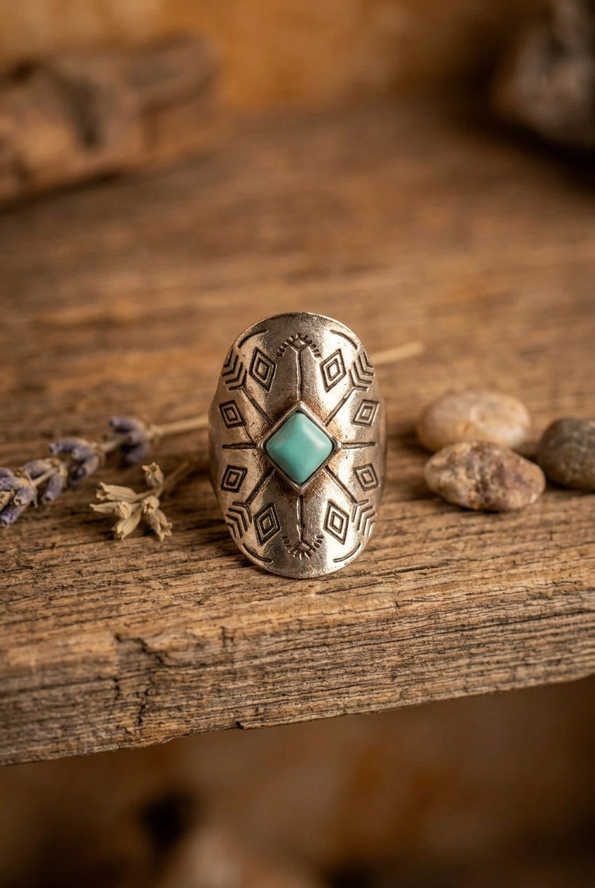Boho Faux Turquoise Triangle Stone Ring with Arrow Accents Size 5