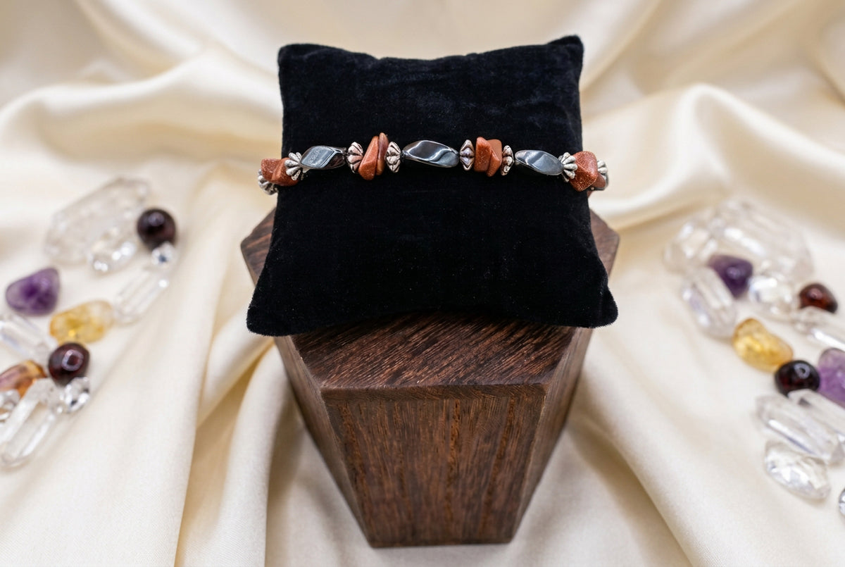 Goldstone and Onyx Beaded Bracelet with Silver-Tone Floral Accents