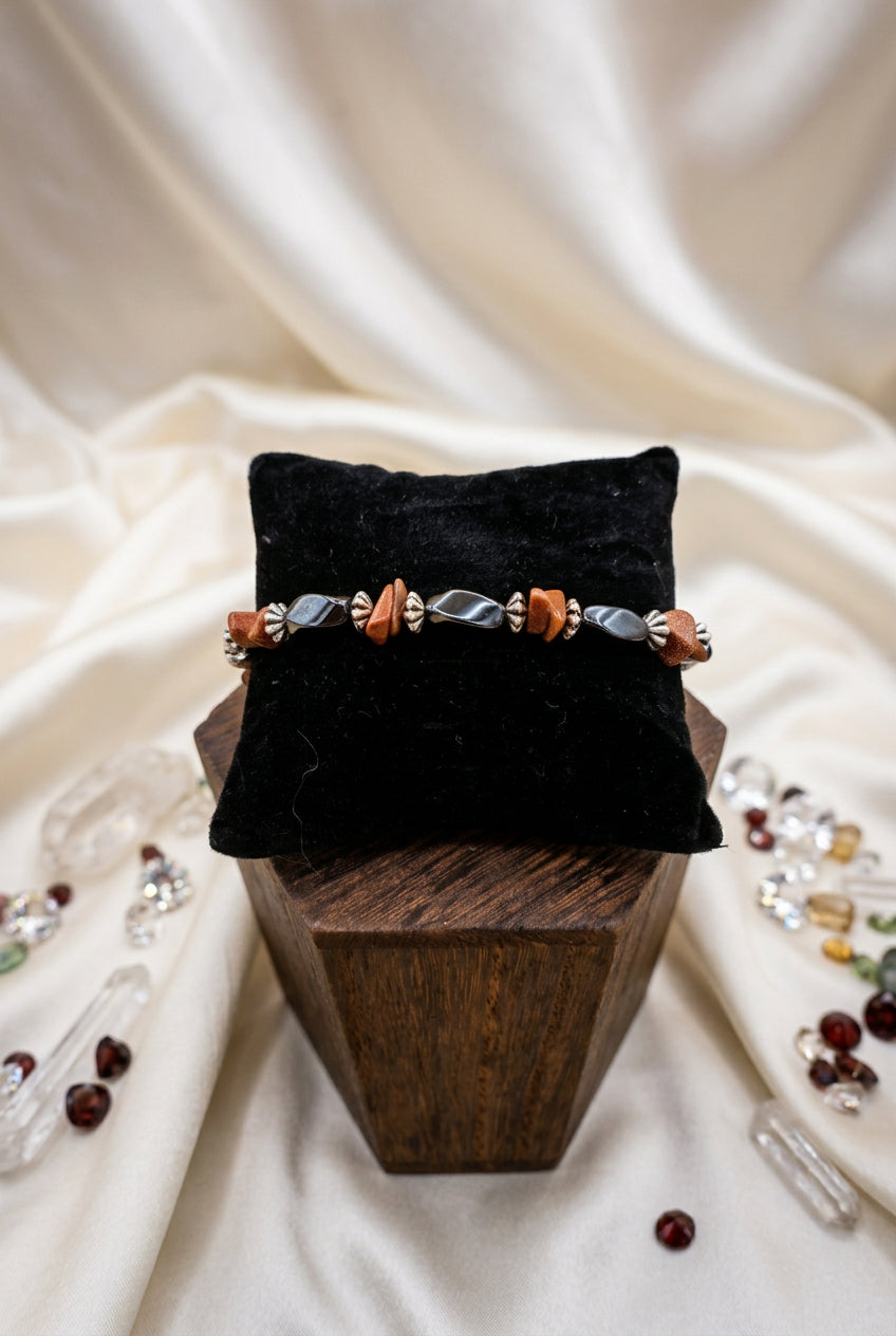 Goldstone and Onyx Beaded Bracelet with Silver-Tone Floral Accents