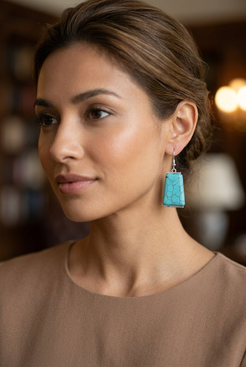 Turquoise Crackle Rectangle Drop Earrings