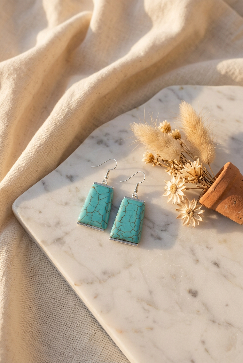 Turquoise Crackle Rectangle Drop Earrings