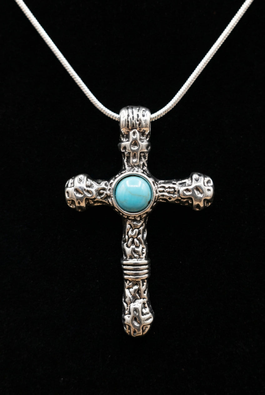 Beautiful Textured Cross Necklace with Turquoise-Color Center Stone