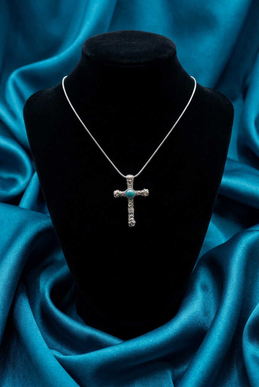 Beautiful Textured Cross Necklace with Turquoise-Color Center Stone