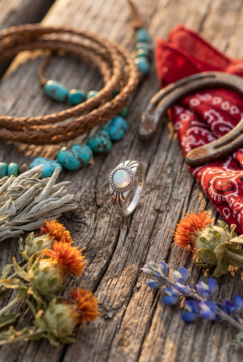 Round Opal-Style Ring with Southwestern Silver-Tone Details – Size 7