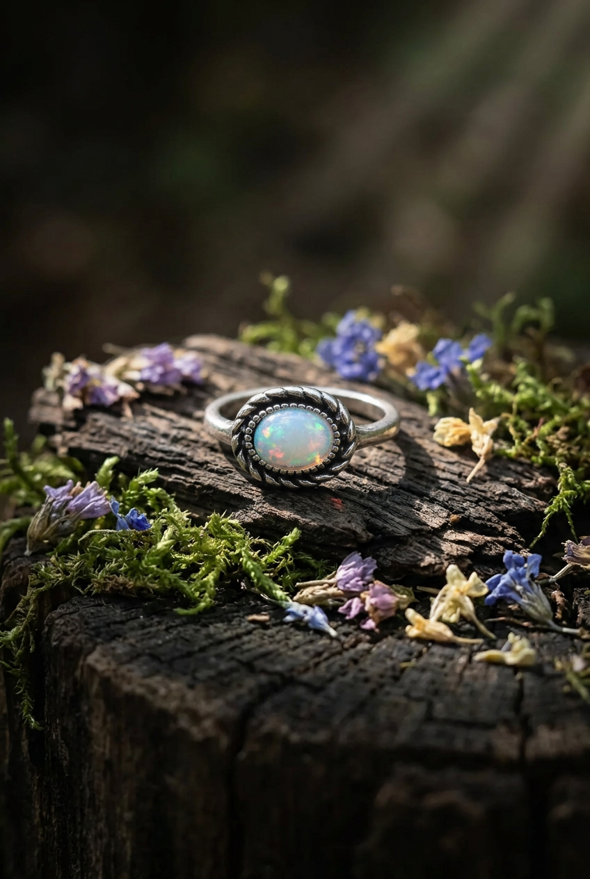 Oval Opal-Style Ring with Beaded Silver-Tone Setting – Size 7.5