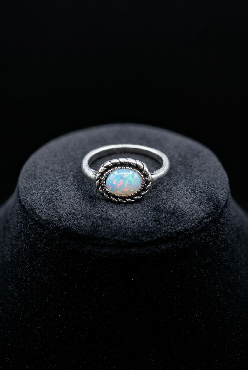 Oval Opal-Style Ring with Beaded Silver-Tone Setting – Size 7.5