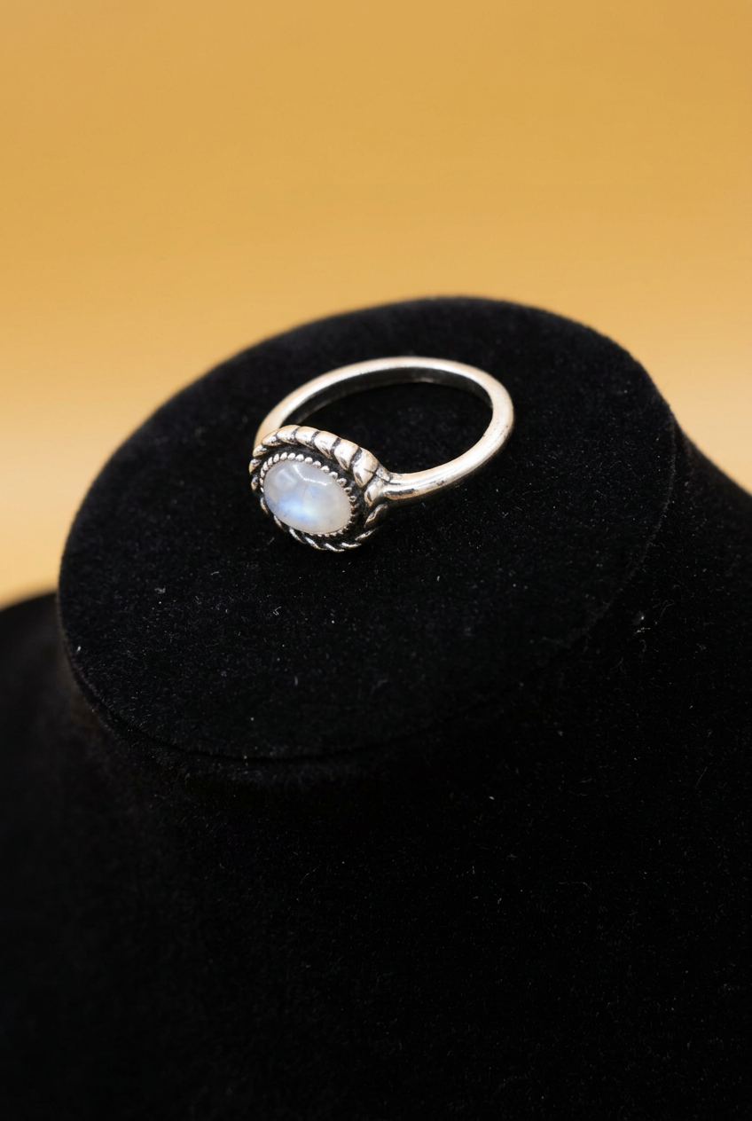Oval Opal-Style Ring with Beaded Silver-Tone Setting – Size 7.5