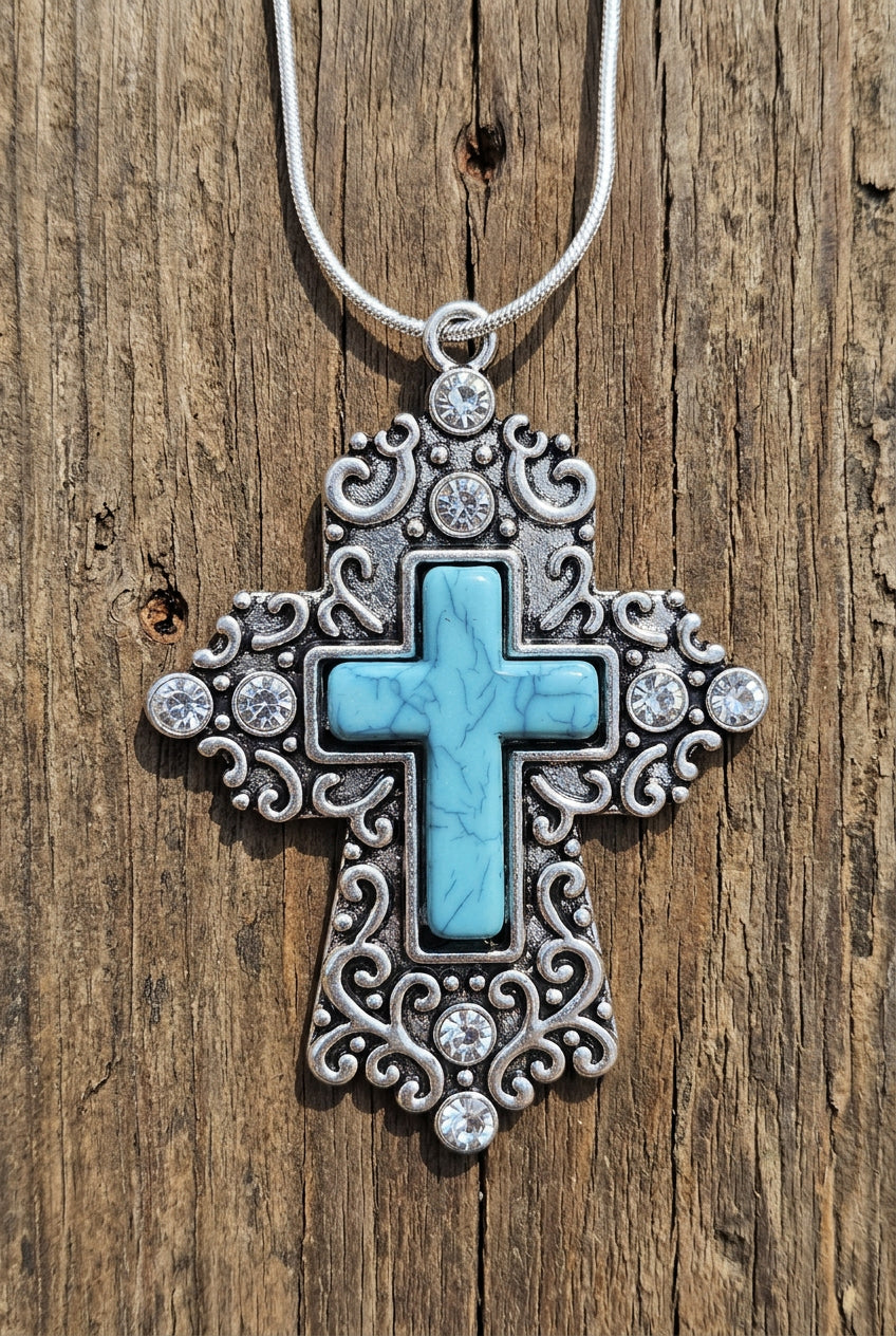 Turquoise Cross Pendant Necklace with Ornate Silver-Tone Filigree
