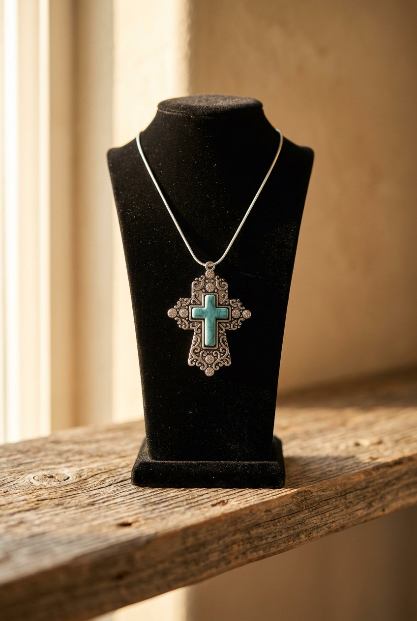 Turquoise Cross Pendant Necklace with Ornate Silver-Tone Filigree