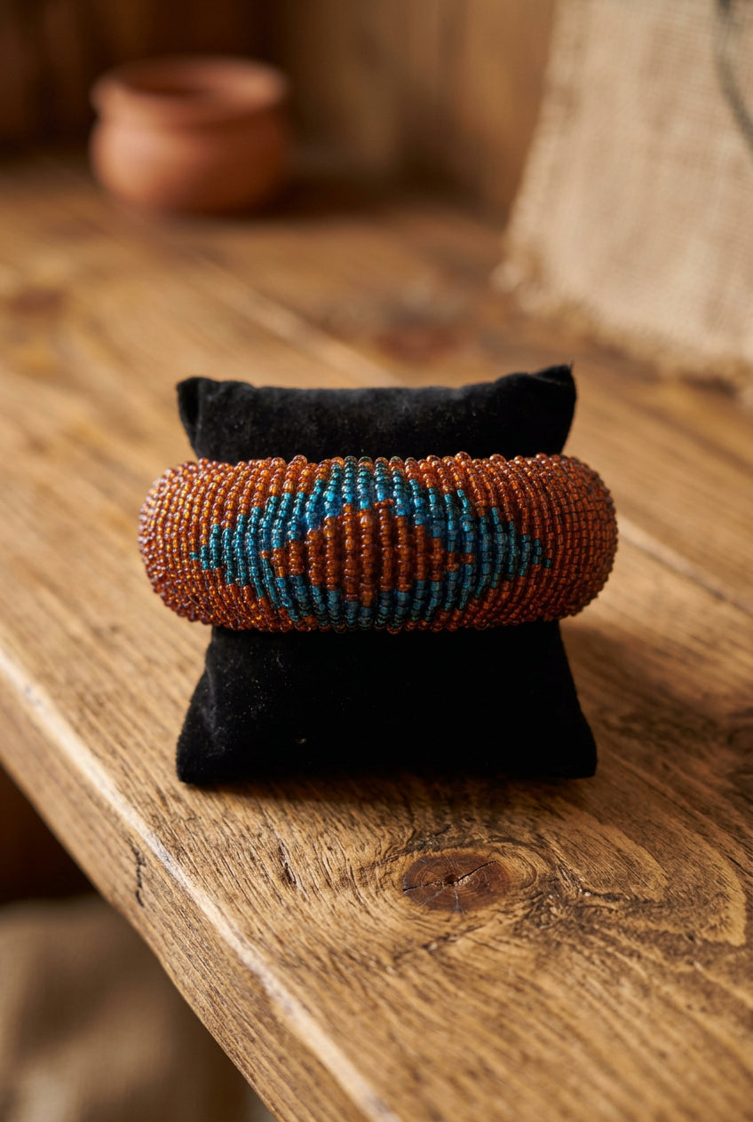 Burnt Orange and Turquoise Blue Beaded Wide Bracelet