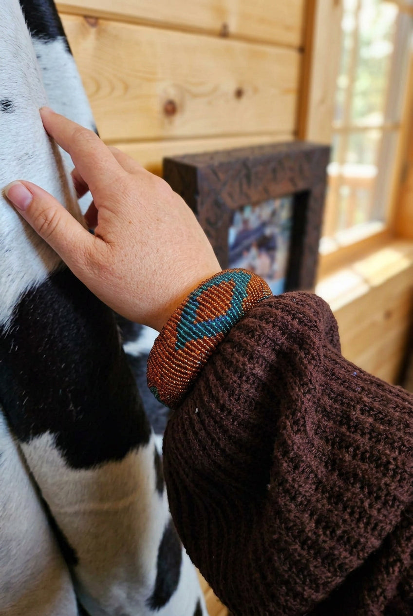 Burnt Orange and Turquoise Blue Beaded Wide Bracelet