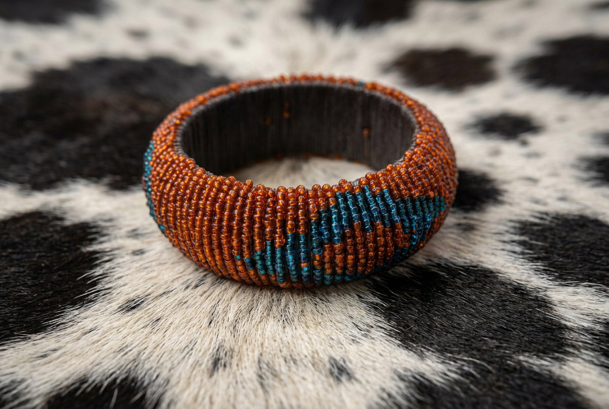 Burnt Orange and Turquoise Blue Beaded Wide Bracelet
