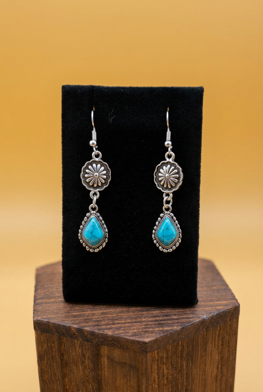 Turquoise Teardrop Dangle Earrings with Southwestern Floral Details