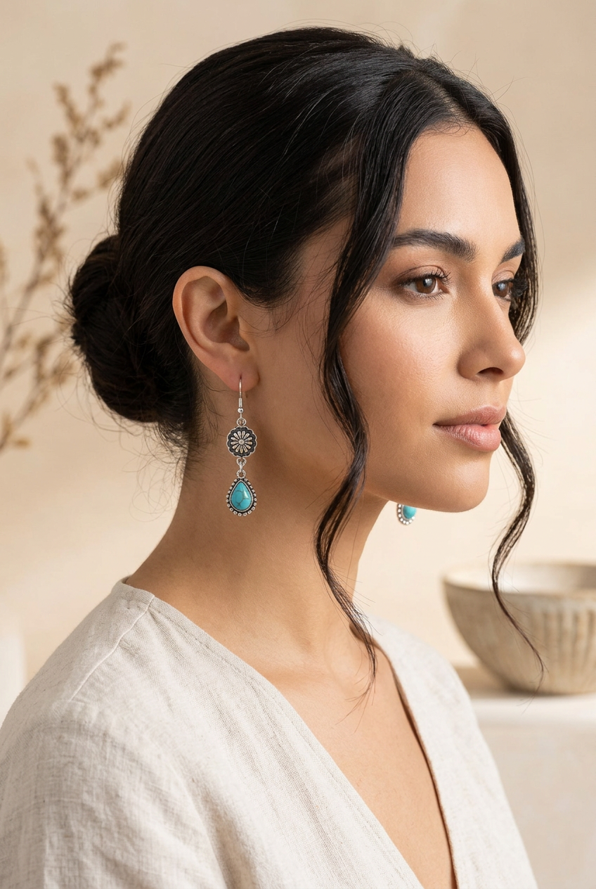 Turquoise Teardrop Dangle Earrings with Southwestern Floral Details